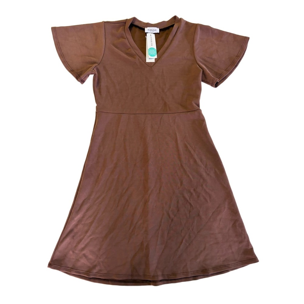 Gilli Carazon V-Neck Dress Womens L Espresso Brown Flutter Sleeve A-Line Stitch